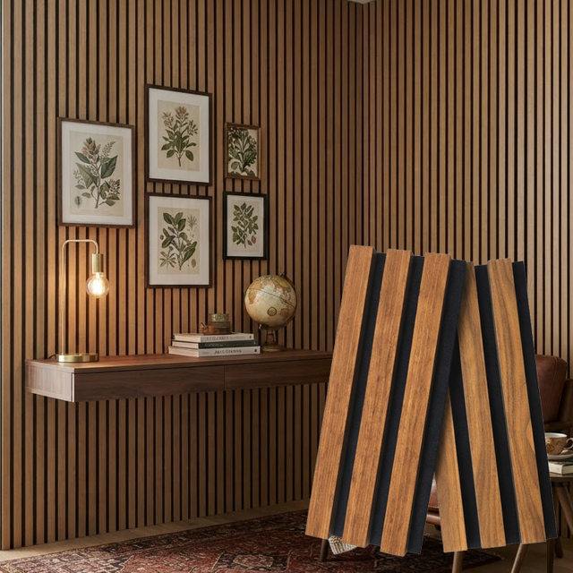 Modern Wood Slat Acoustic Panel Decorative Wood Slat Wall Board Soundproof PET Felt Acoustic Wall Panel for Office Interior